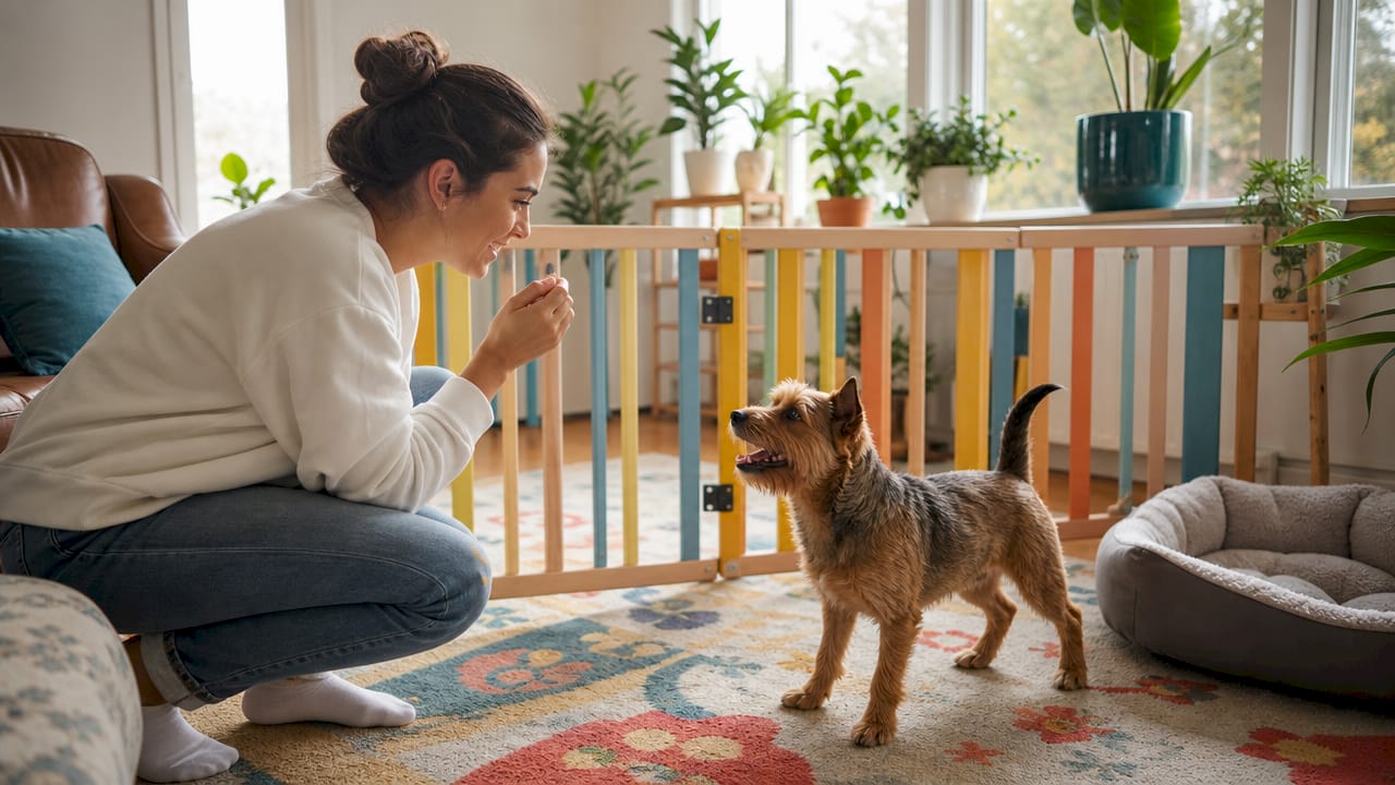 Terrier and owner at indoor baby gate