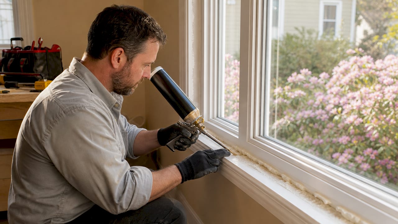 Installer sealing energy efficient window frame with foam