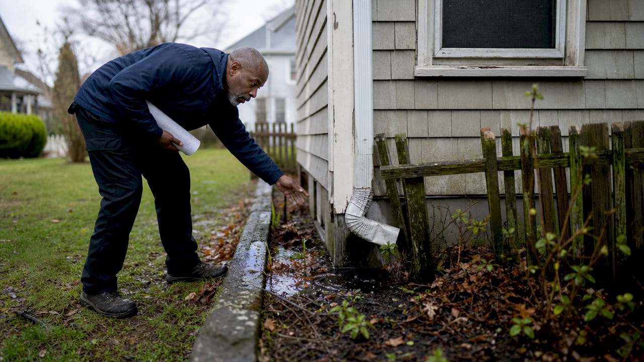 Man inspecting house perimeter after storm