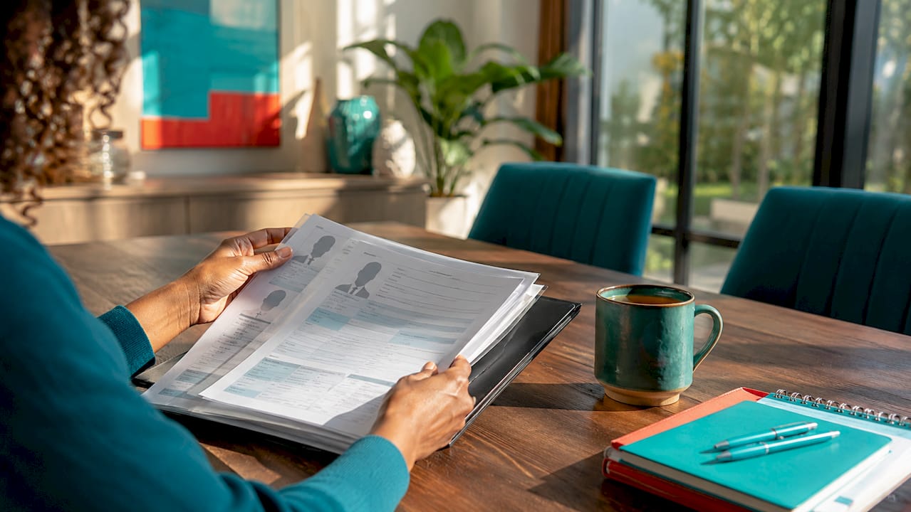 Hands reviewing background check documents on kitchen table