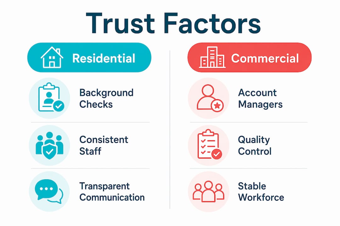 Infographic comparing residential and commercial trust factors in cleaning services