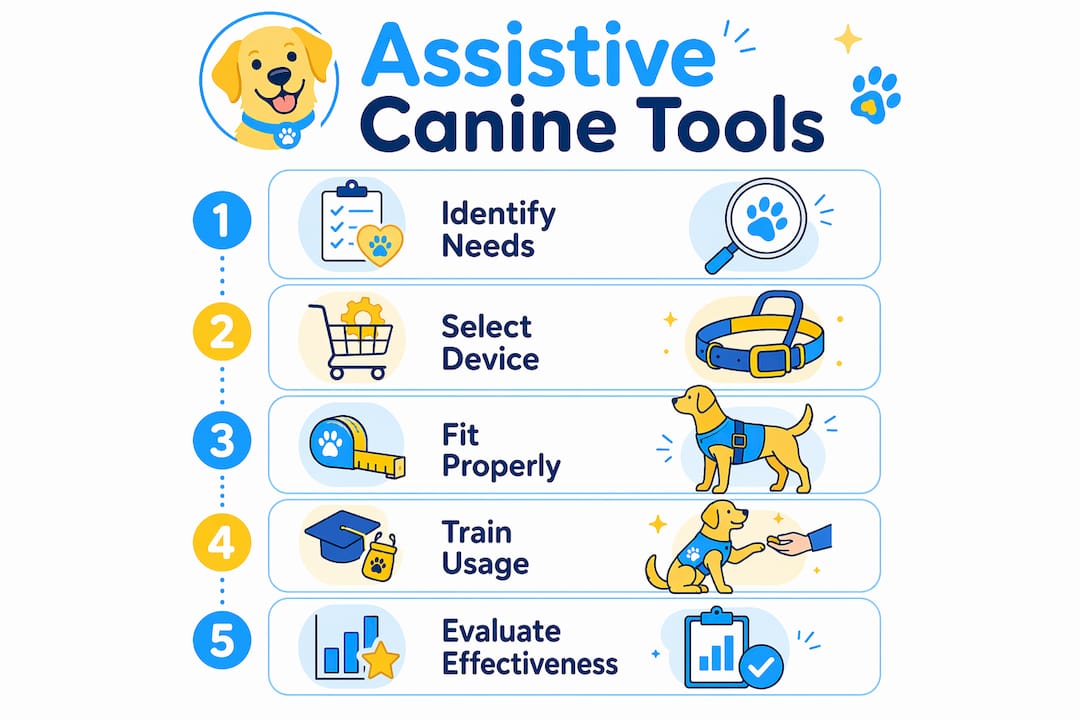 Infographic showing steps to choose and use canine assistive tools