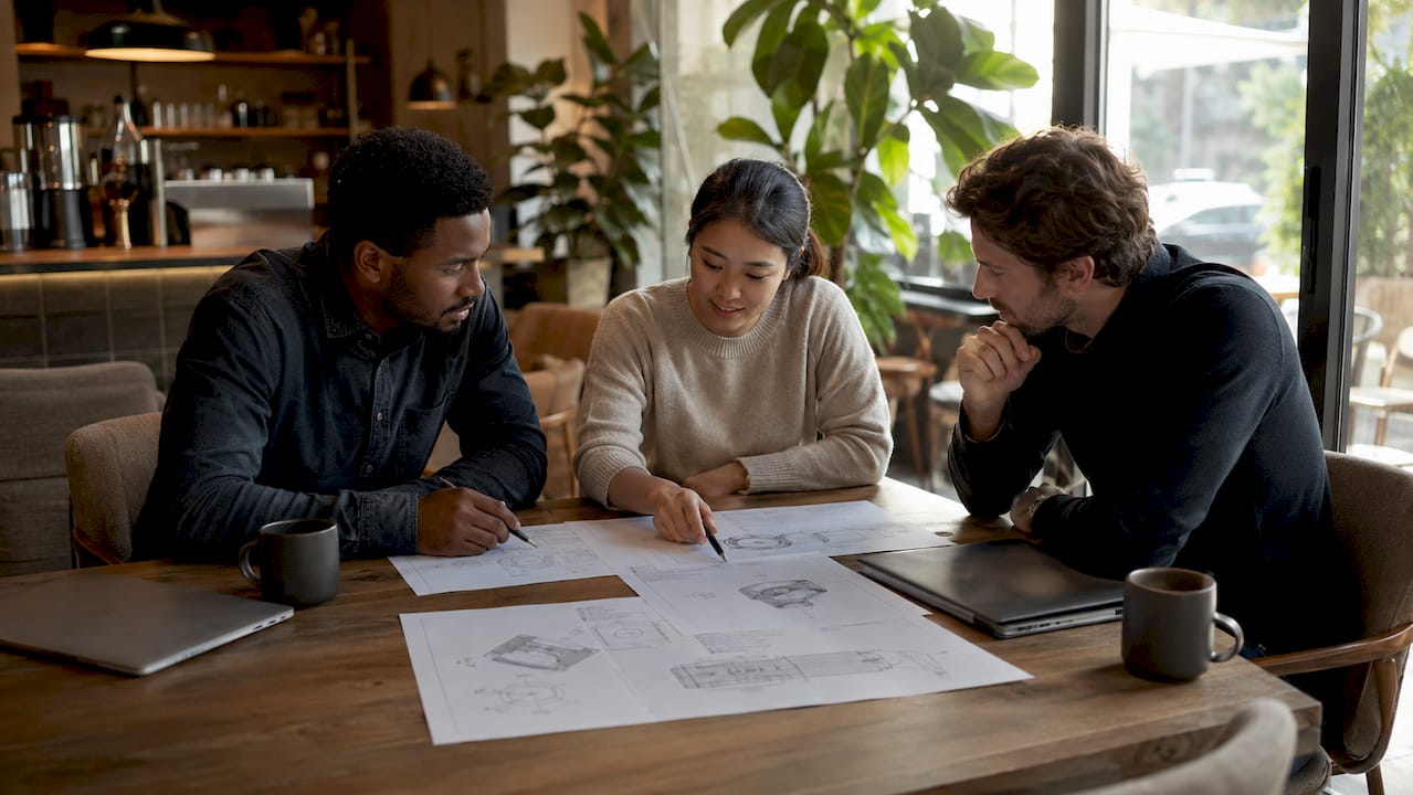 Engineers reviewing CAD designs in meeting