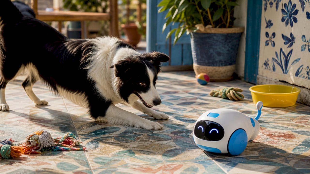 Border collie playing with interactive smart dog toy