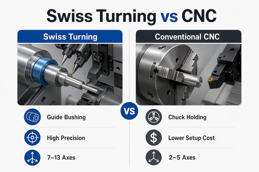 Infographic comparing Swiss turning and conventional CNC turning