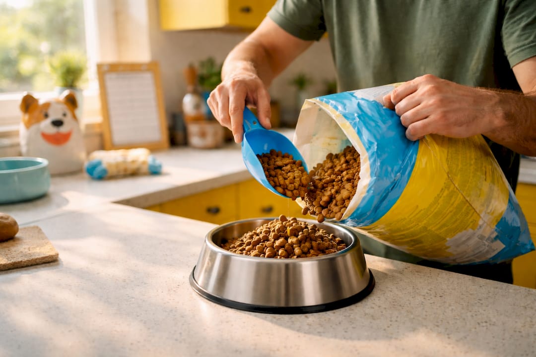 Hands measuring food into dog bowl in bright kitchen