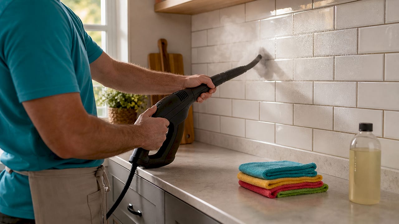 Hands using handheld steam cleaner on tile