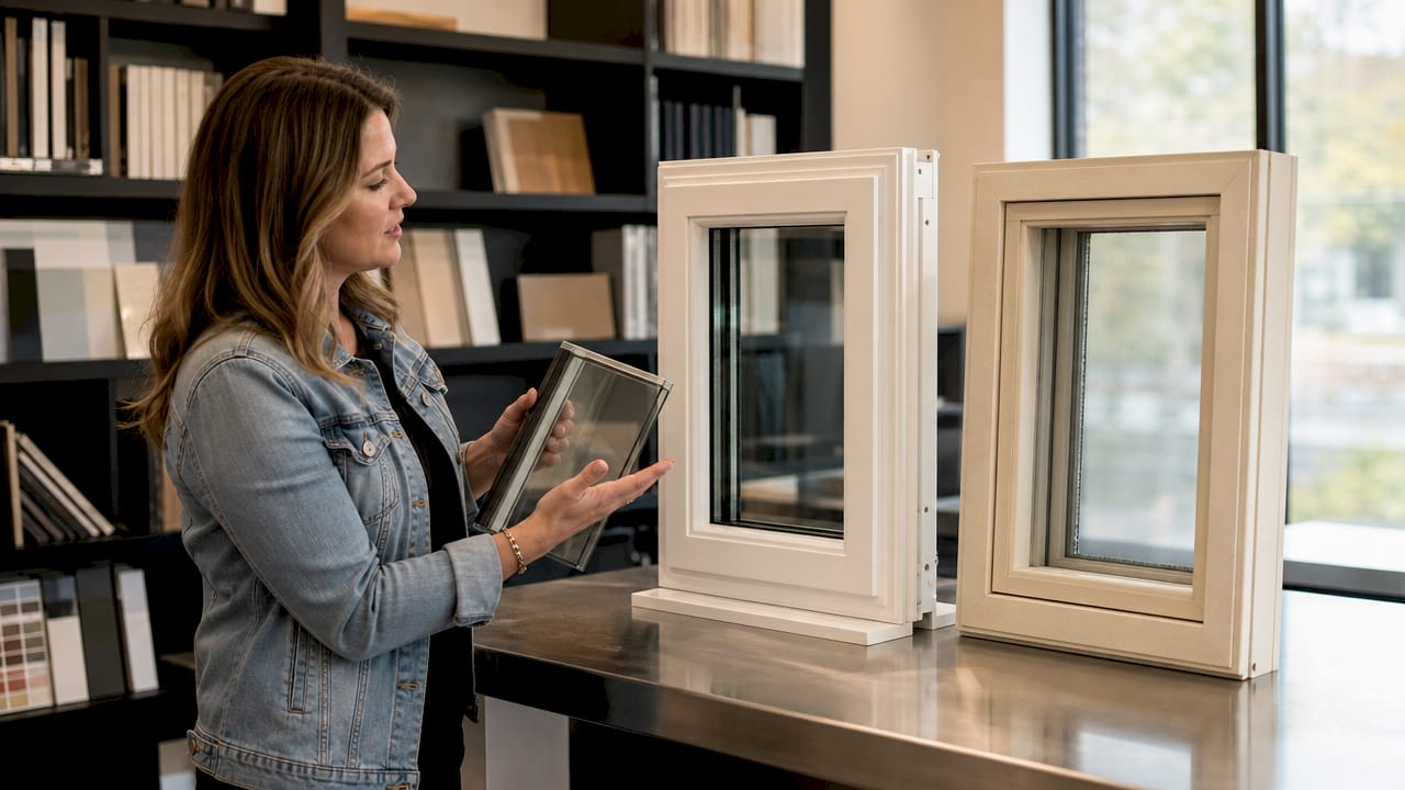 Consultant comparing vinyl and fiberglass window frames