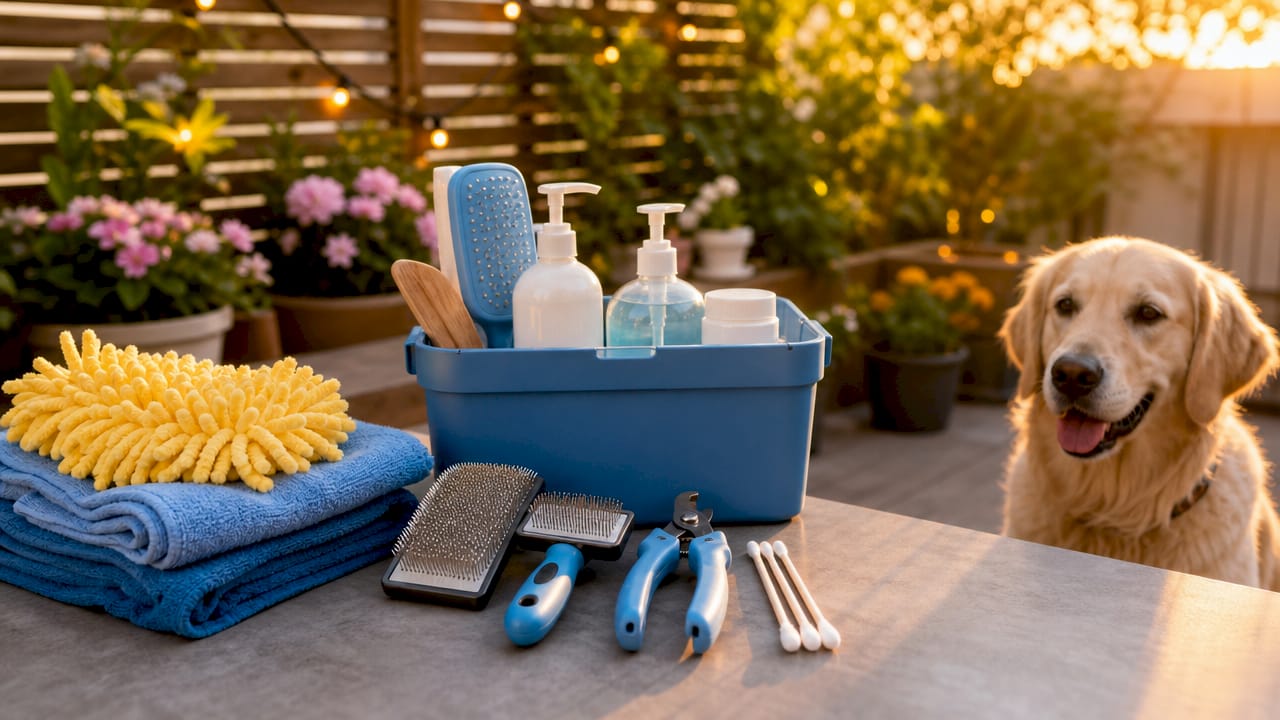 Essential dog grooming tools on wooden table