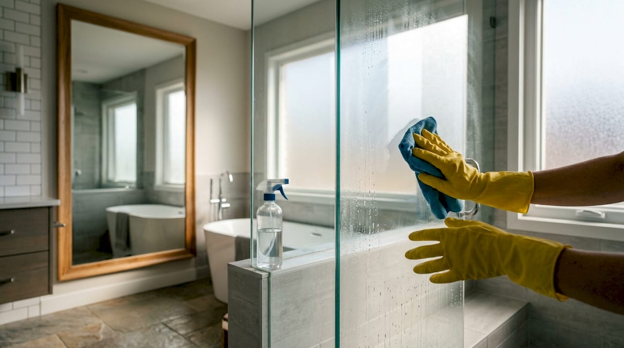 Gloved hands cleaning door handle surface