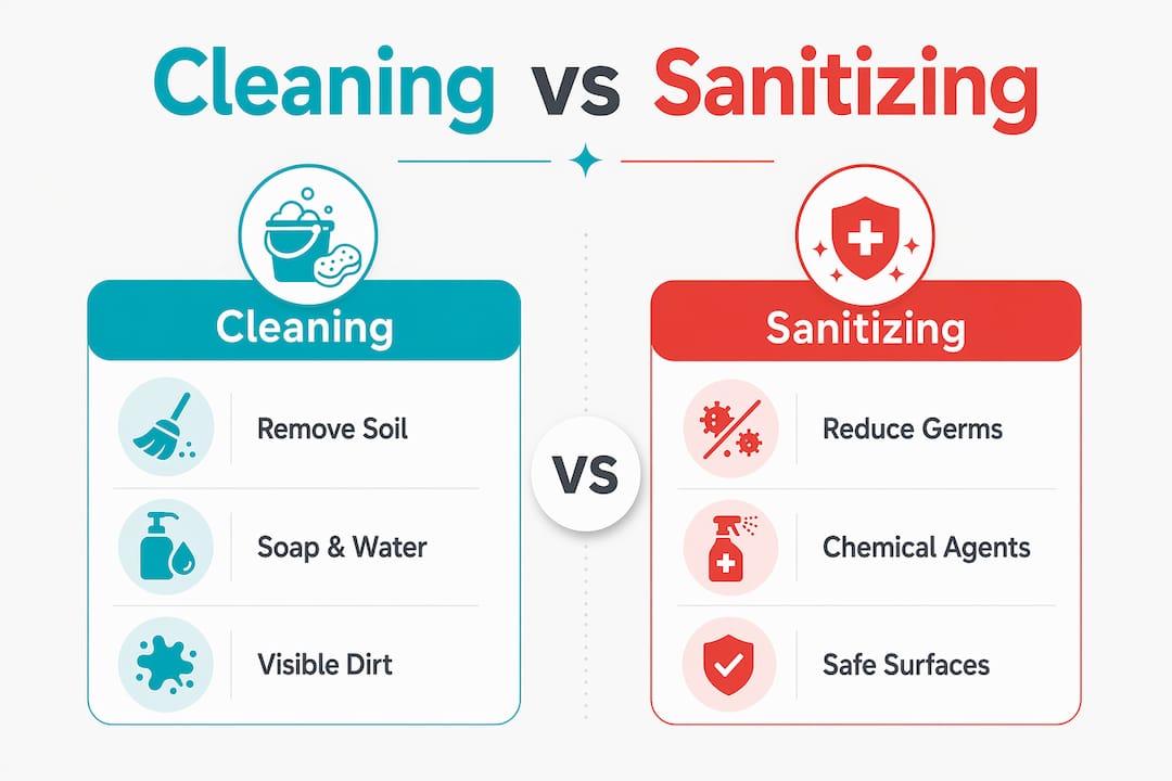 Infographic comparing cleaning and sanitizing methods