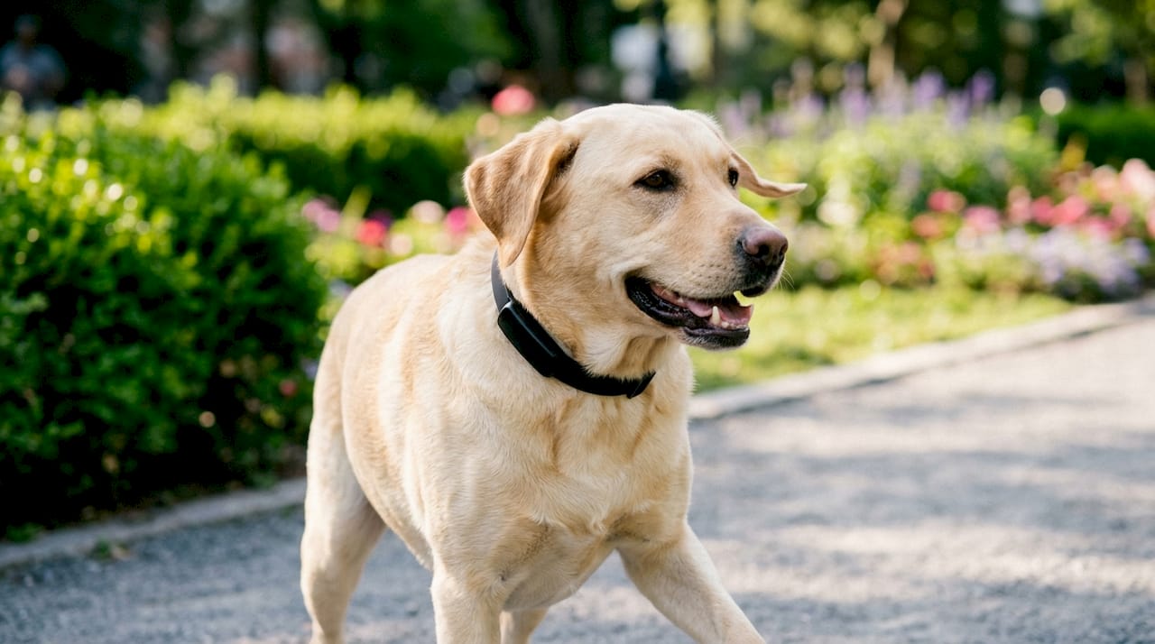 Labrador dog wearing smart health collar outdoors