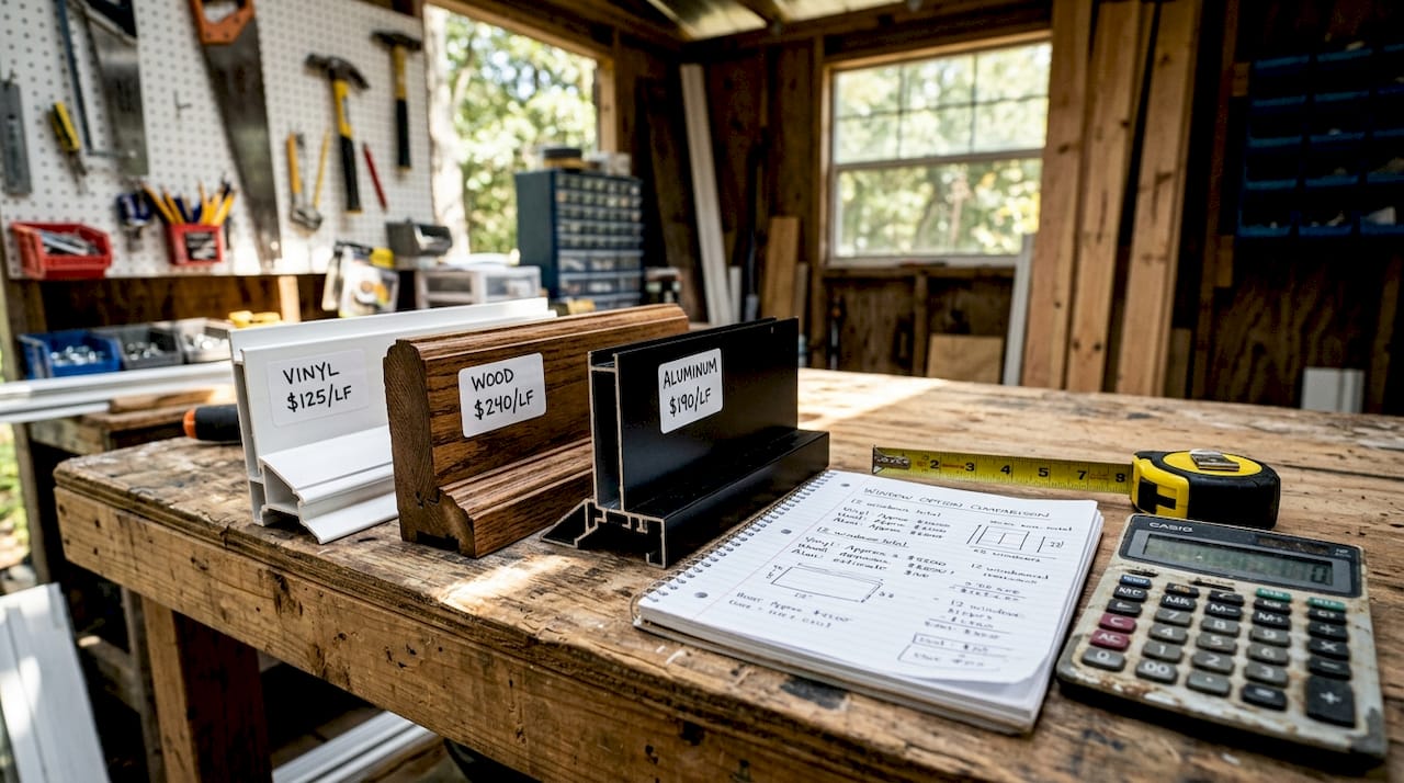 Worktable with window frame samples and price tags