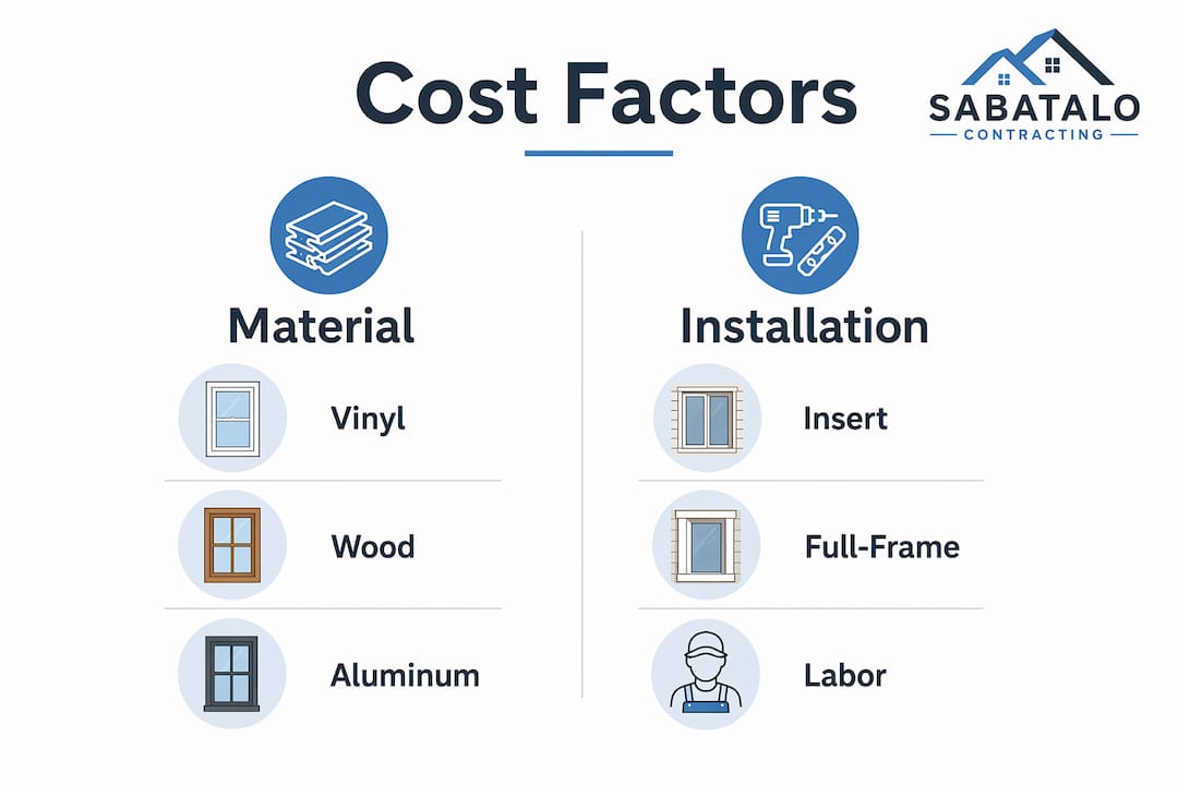 Infographic comparing window material and installation cost factors