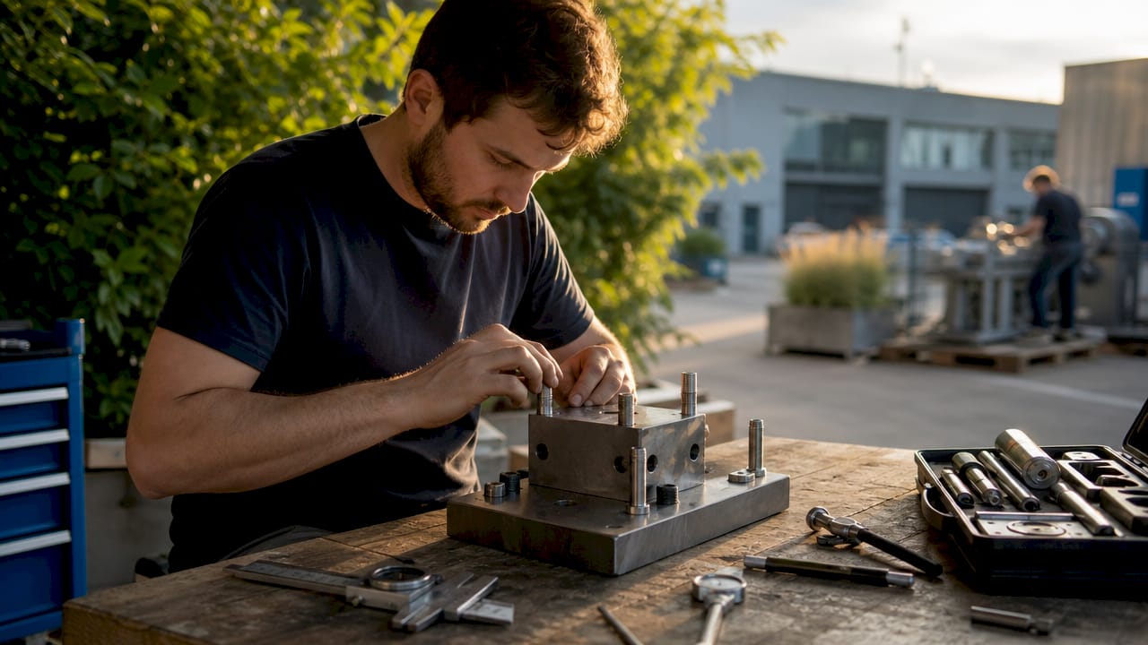 Hands assembling 3-2-1 locating fixture components