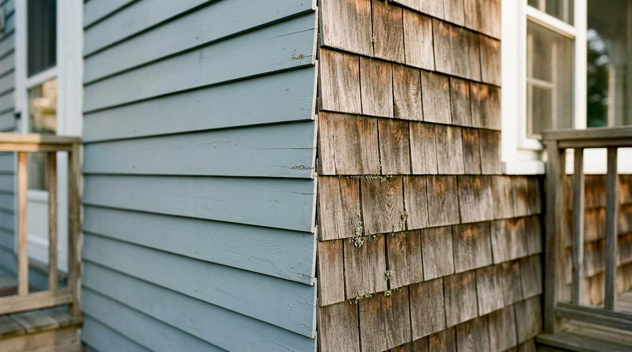 Close-up of diverse textured siding on house exterior