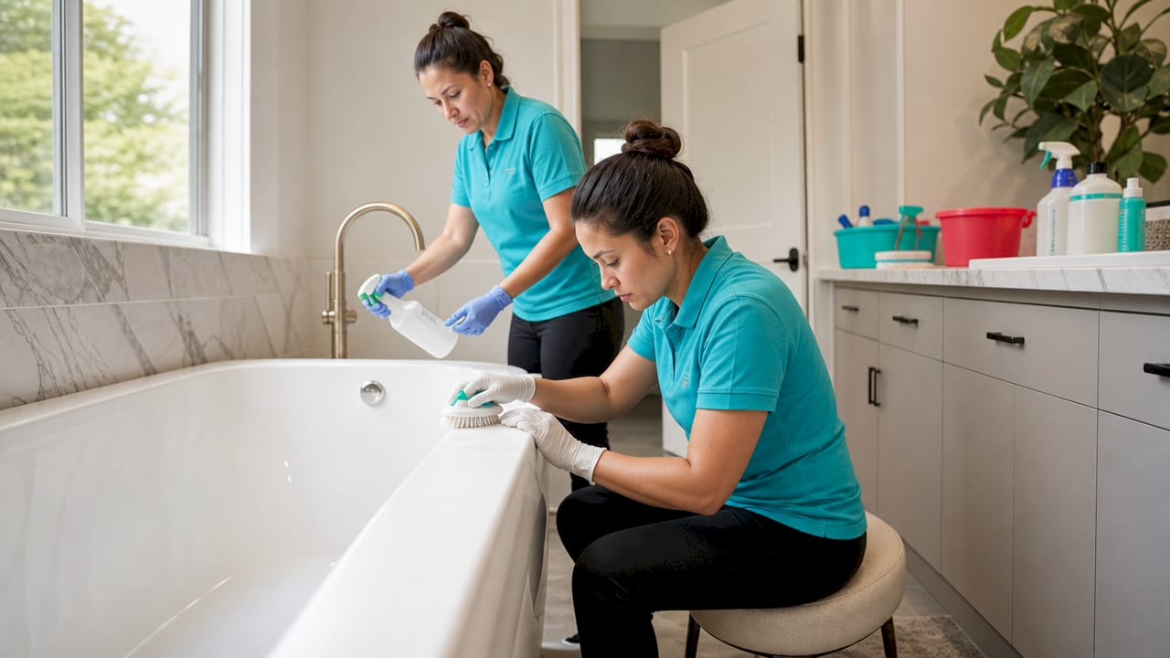 Professional cleaners deep cleaning bathroom tiles