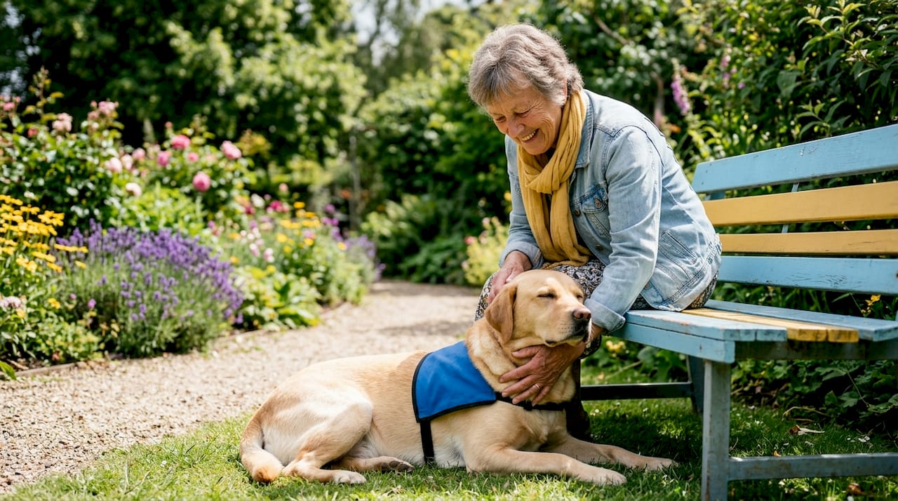 Senior woman walking therapy dog in park
