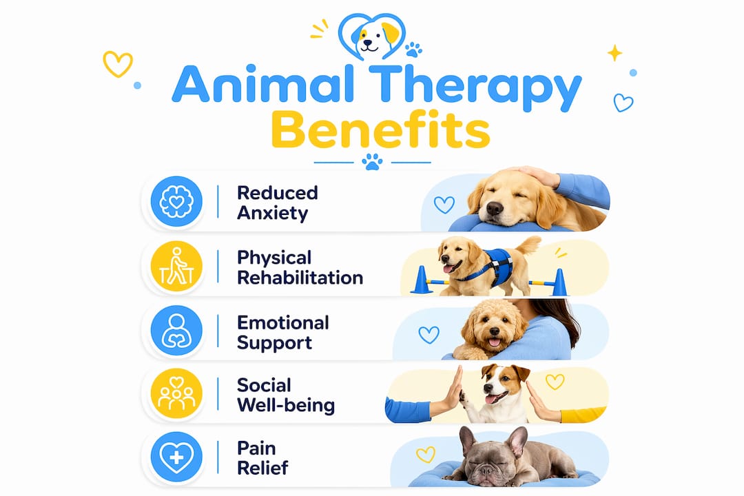 Infographic showing key benefits of animal therapy
