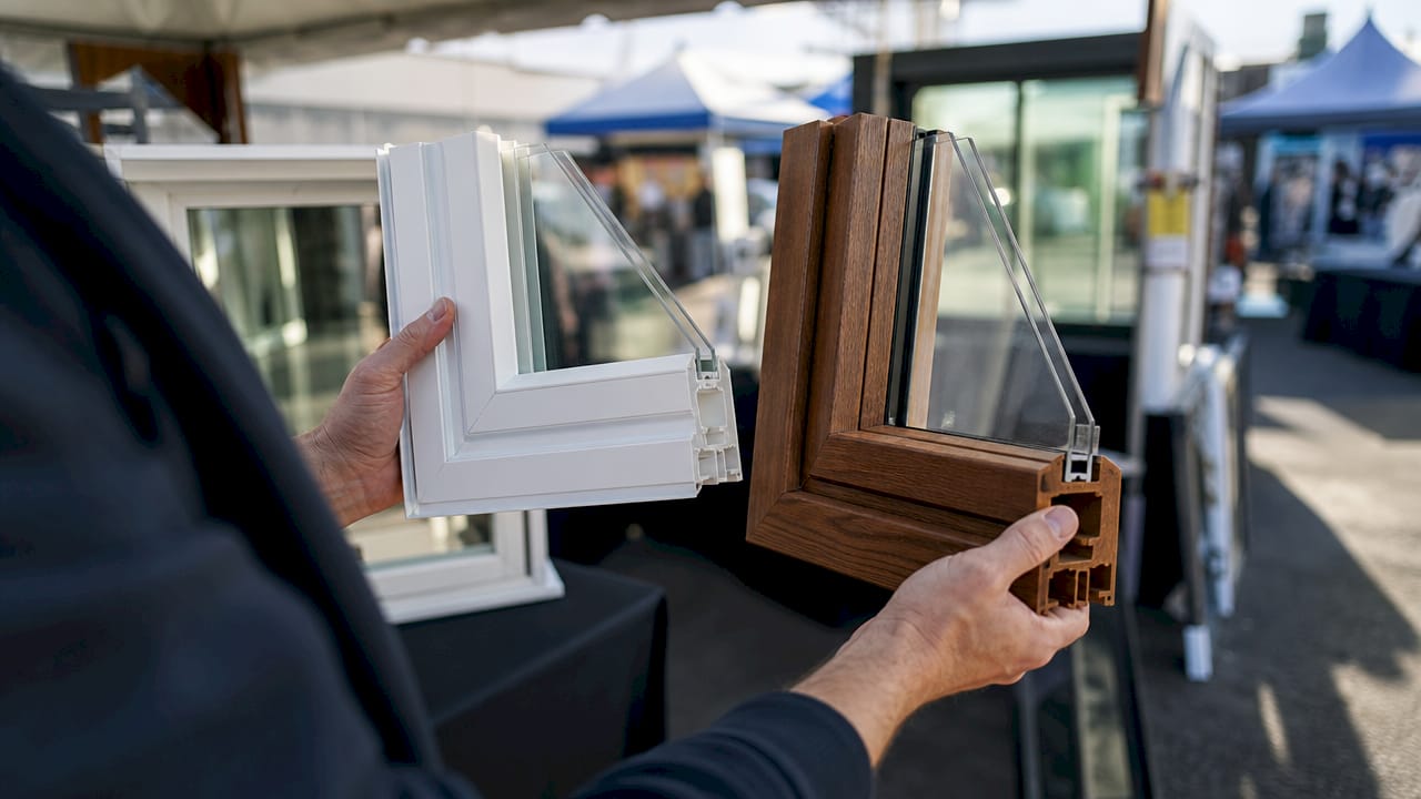 Hands comparing vinyl and wood window frames