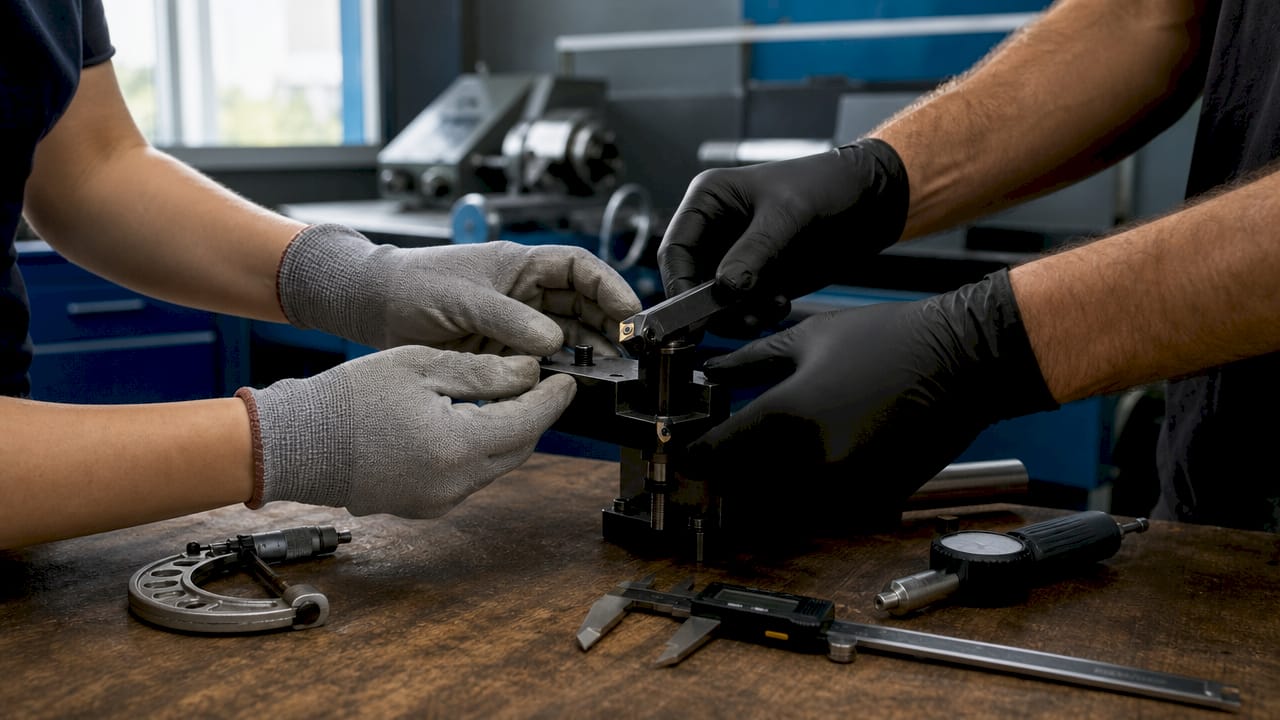 Close-up hands setting cutting tool on lathe