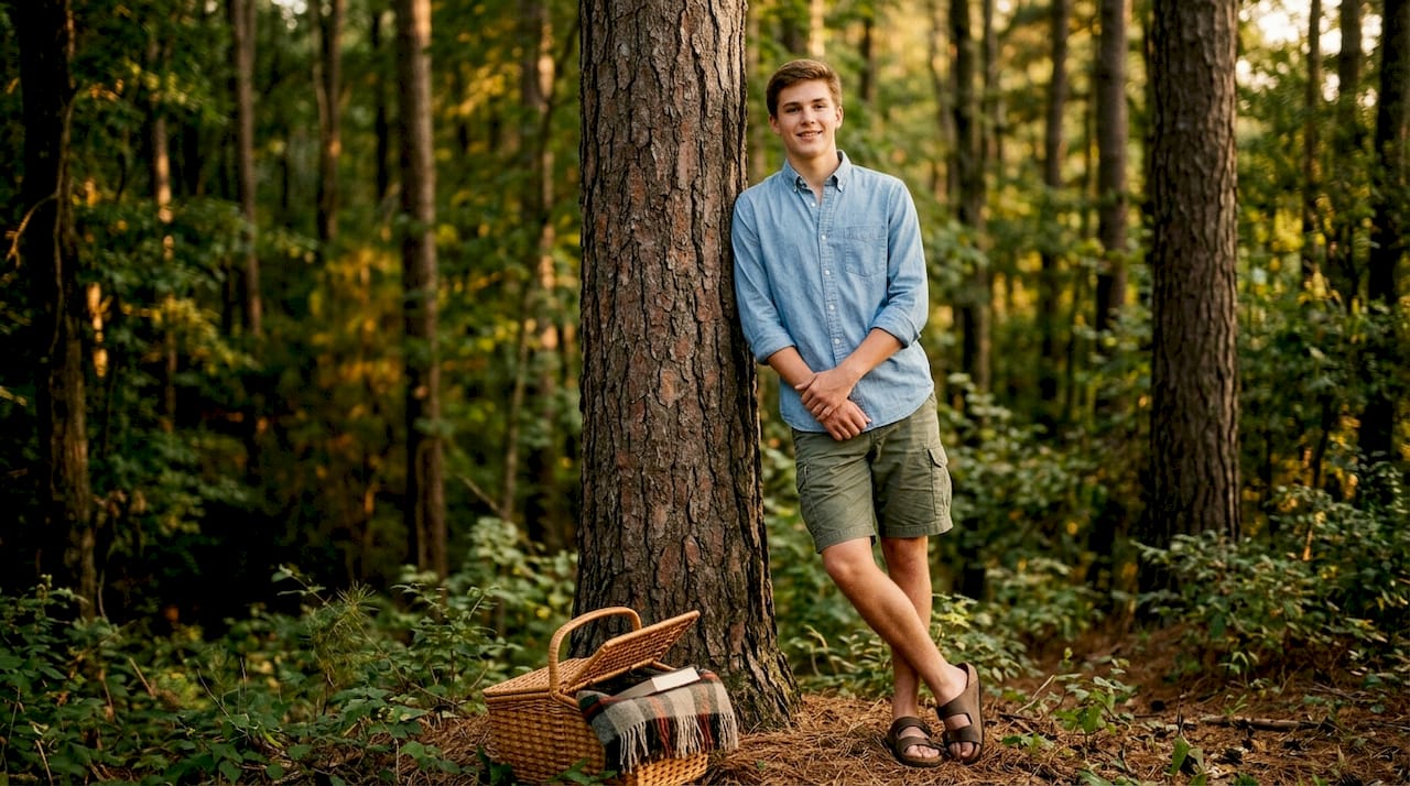 Teen male senior posing by oak tree in forest
