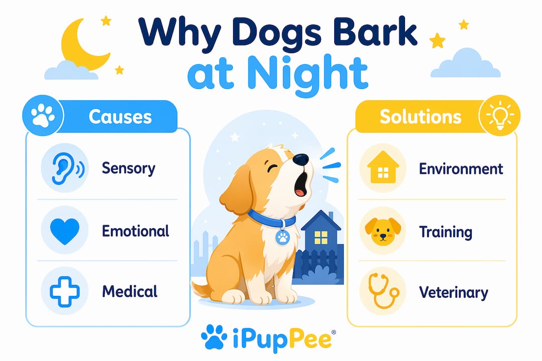 Infographic outlining causes and solutions of dog nighttime barking