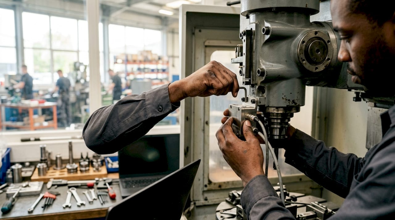 Hands installing collision detection sensor on CNC spindle