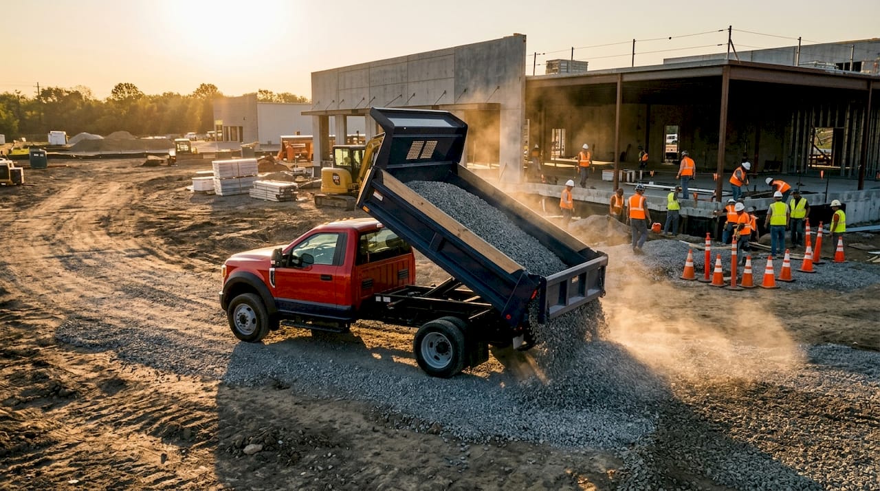 Medium duty dump truck unloading gravel