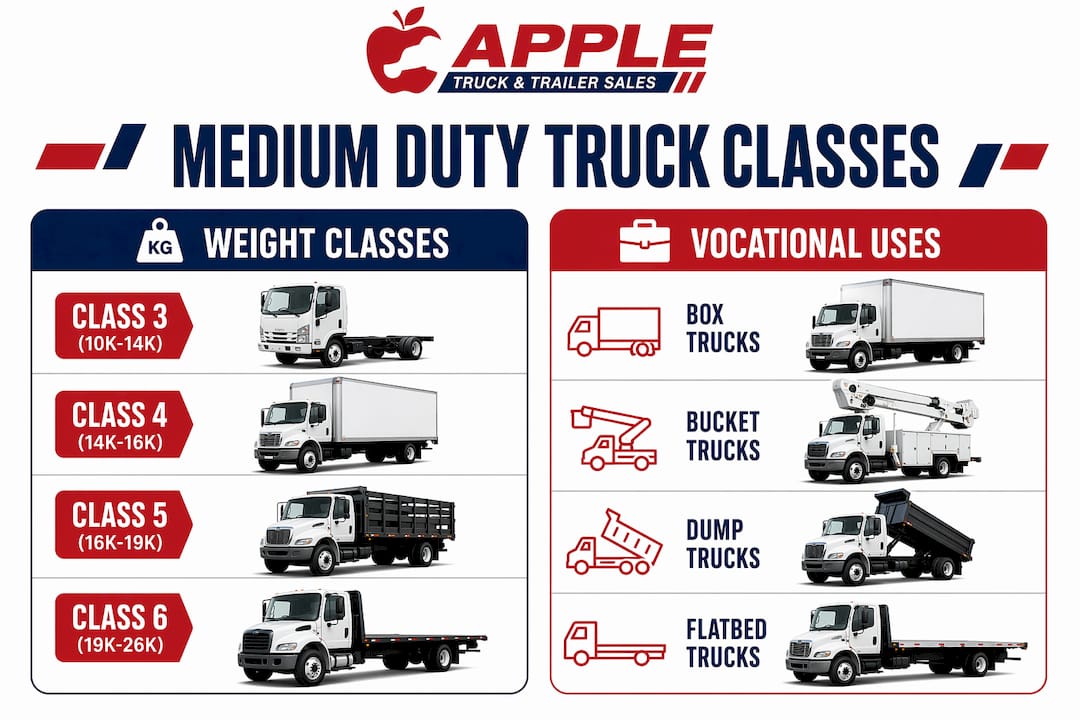 Infographic comparing classes and uses of medium duty trucks