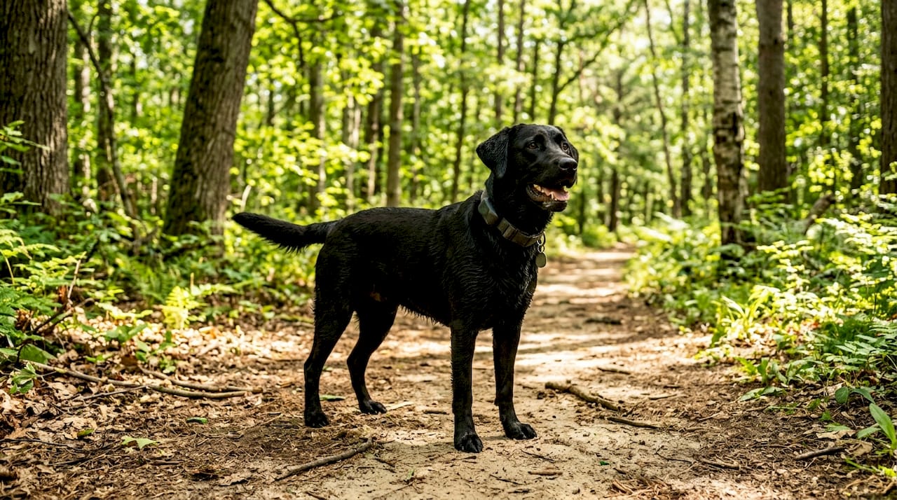 Black labrador wearing GPS smart collar outdoors