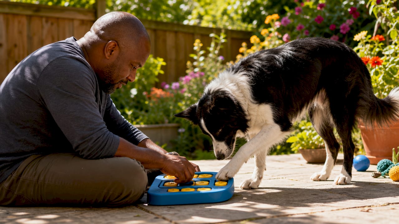 Border Collie solving interactive toy at home