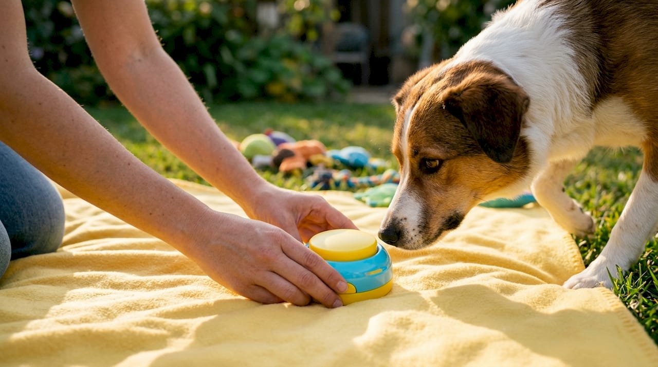 Hands holding dog communication button next to attentive dog