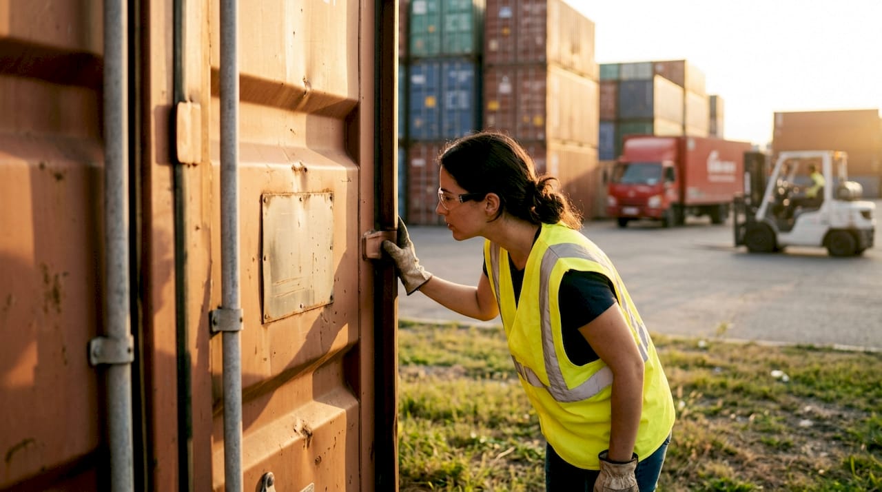 Female inspector examining shipping container condition