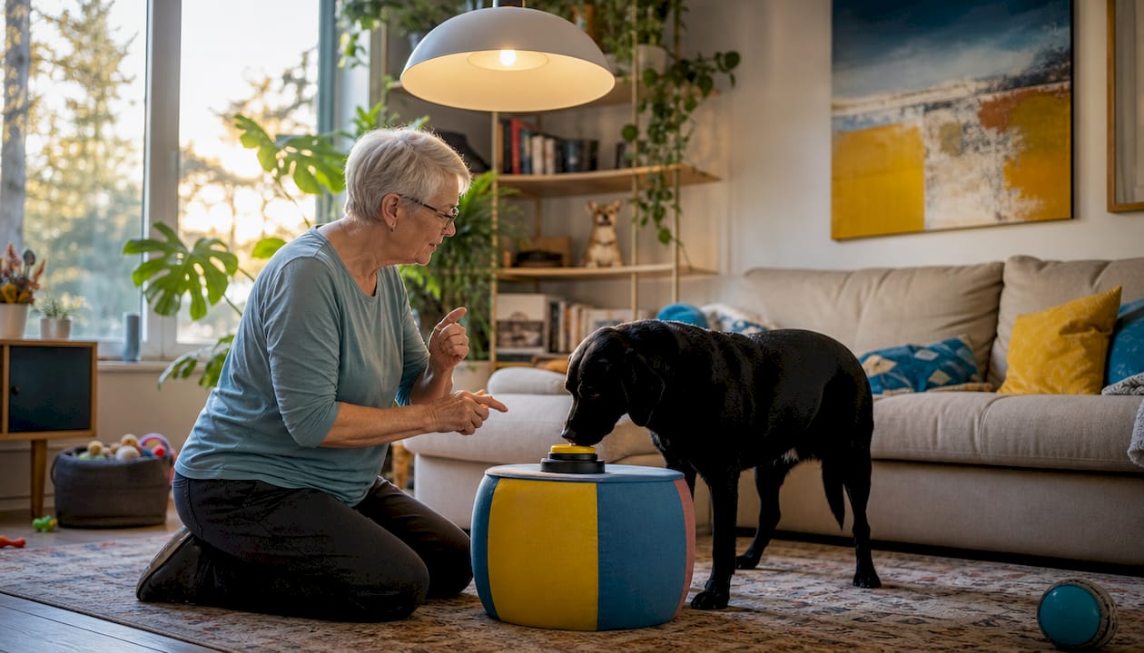 Dog using communication button in kitchen