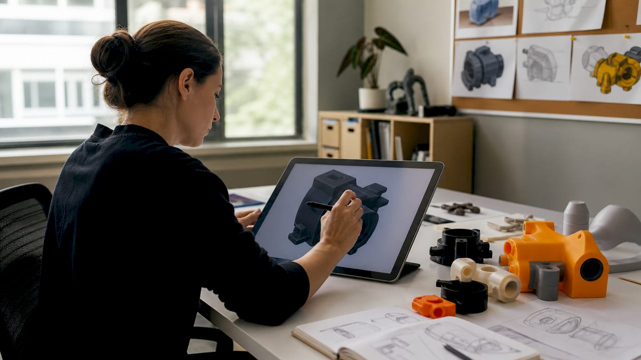 Engineer interacting with CAD on tablet