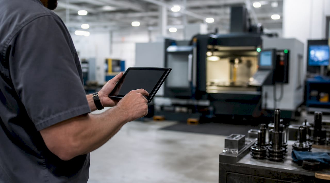 Technician using tablet for machine data