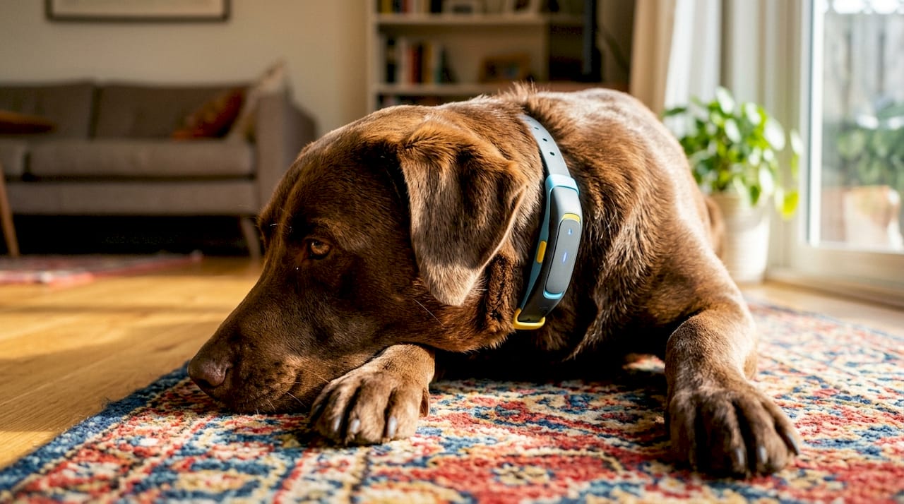Close-up of dog wearing pet tracking collar