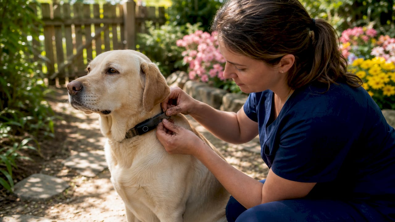 Vet fitting heart rate monitor to dog collar