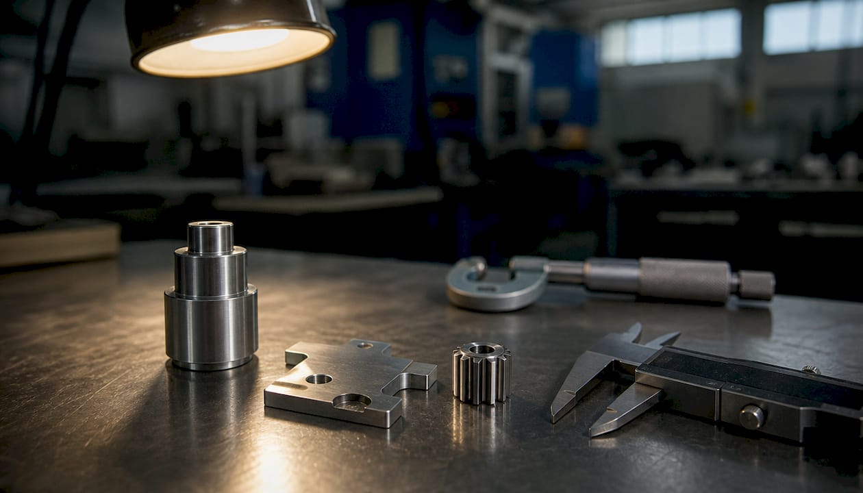 Variety of precision small machined parts on table