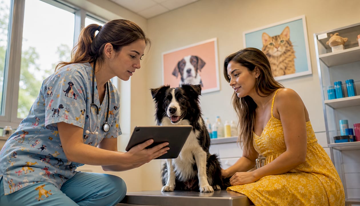 Veterinarian reviewing pet health data with owner