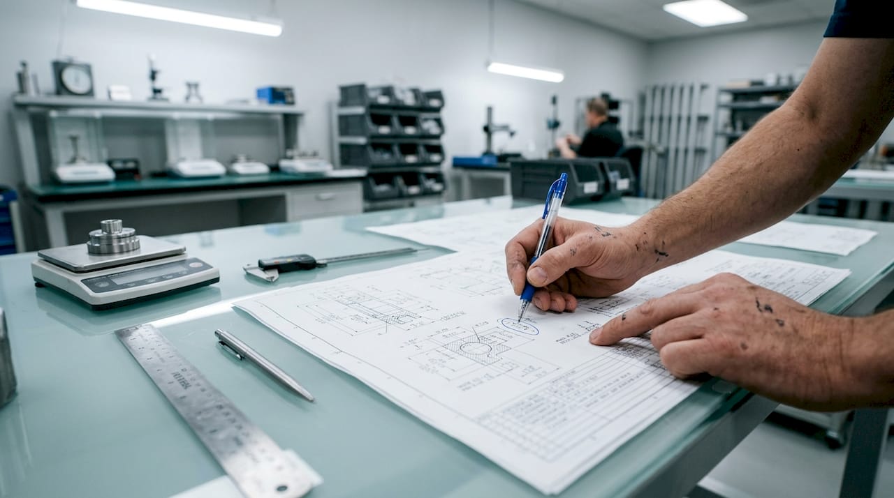 Hands marking measurements on engineering blueprint