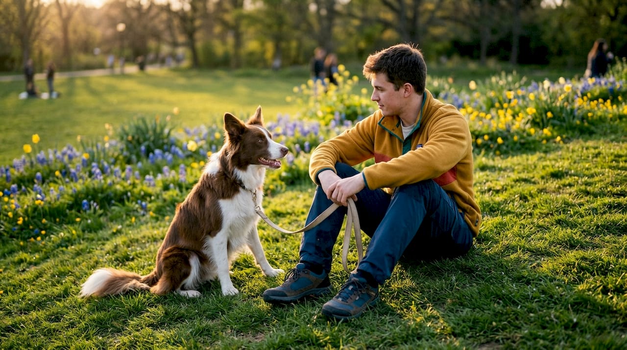 Man observing dog's mixed body language signals