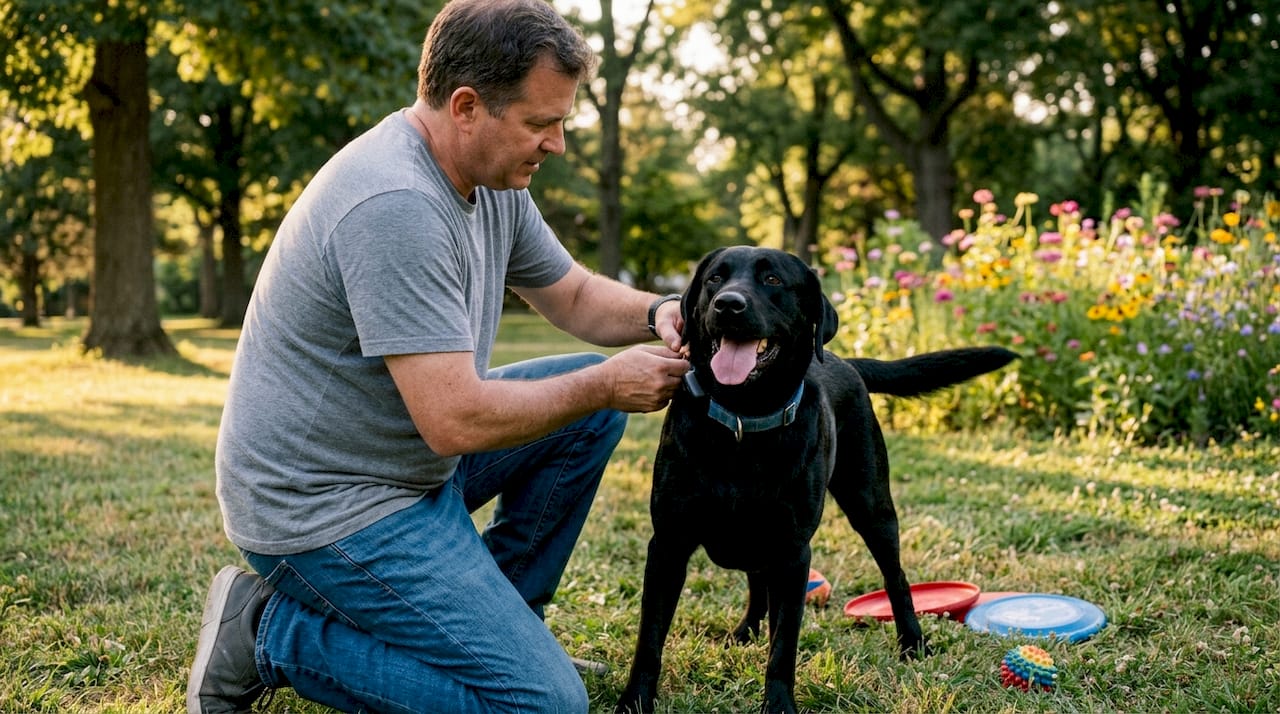 Man attaching GPS tracker to dog collar outdoors