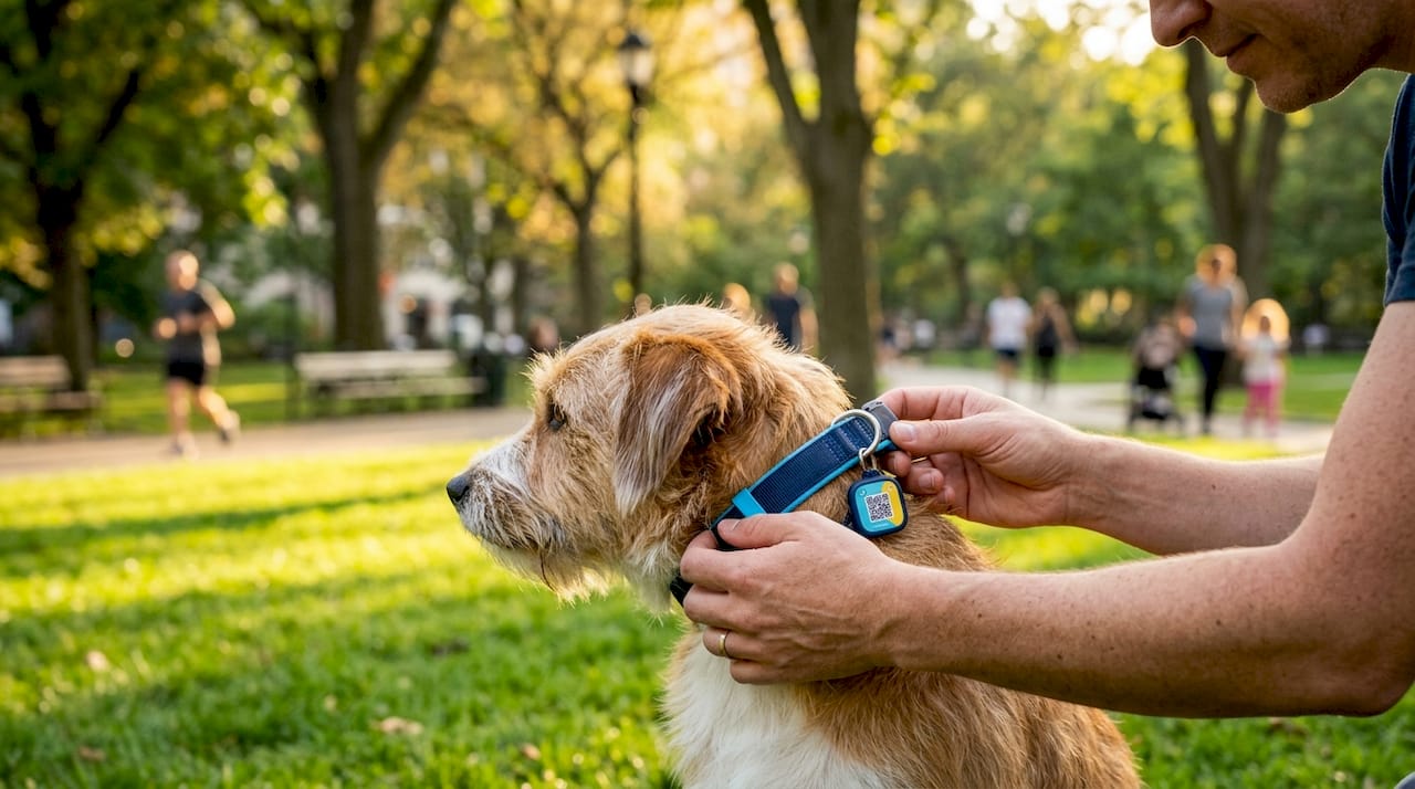 Hands holding smartphone and pet collar with QR tag