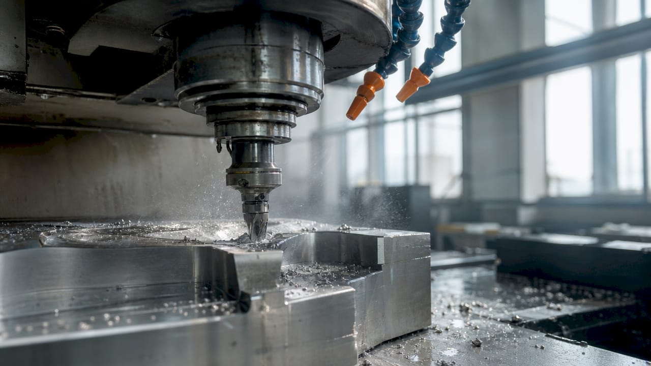 Close-up of CNC tool machining titanium alloy