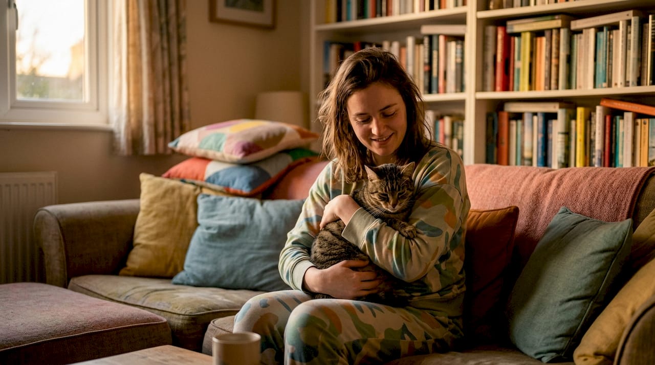 Man touching calm cat in study room