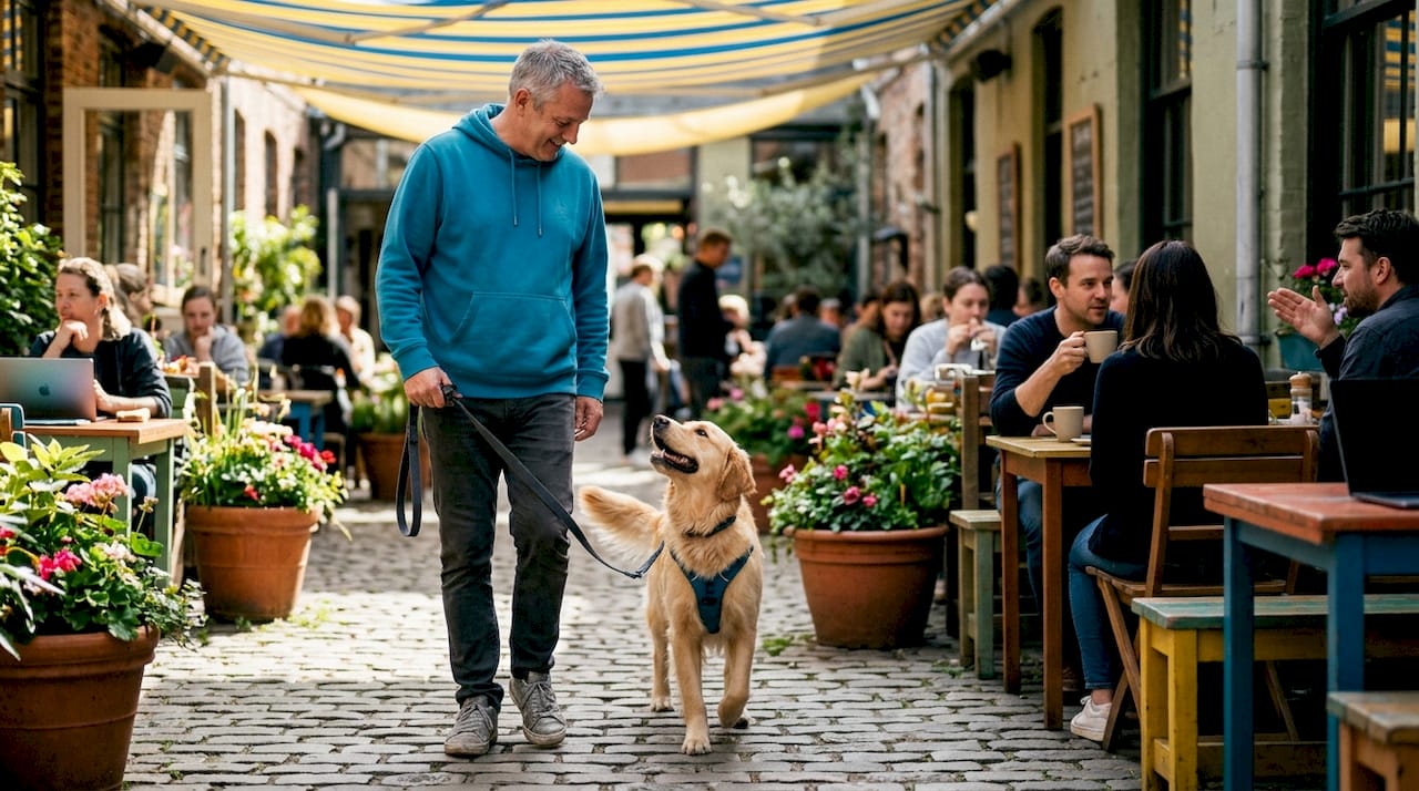 Man walking golden retriever in park