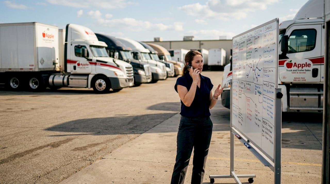 Fleet manager coordinating mobile repairs on phone