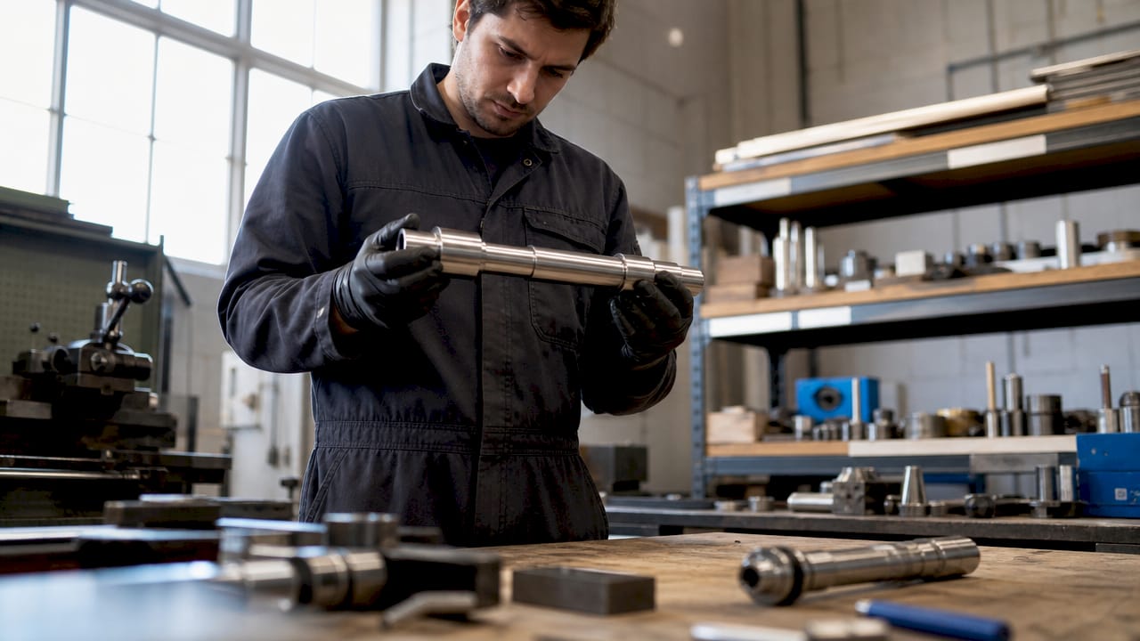Close-up hands inspecting machined metal shaft
